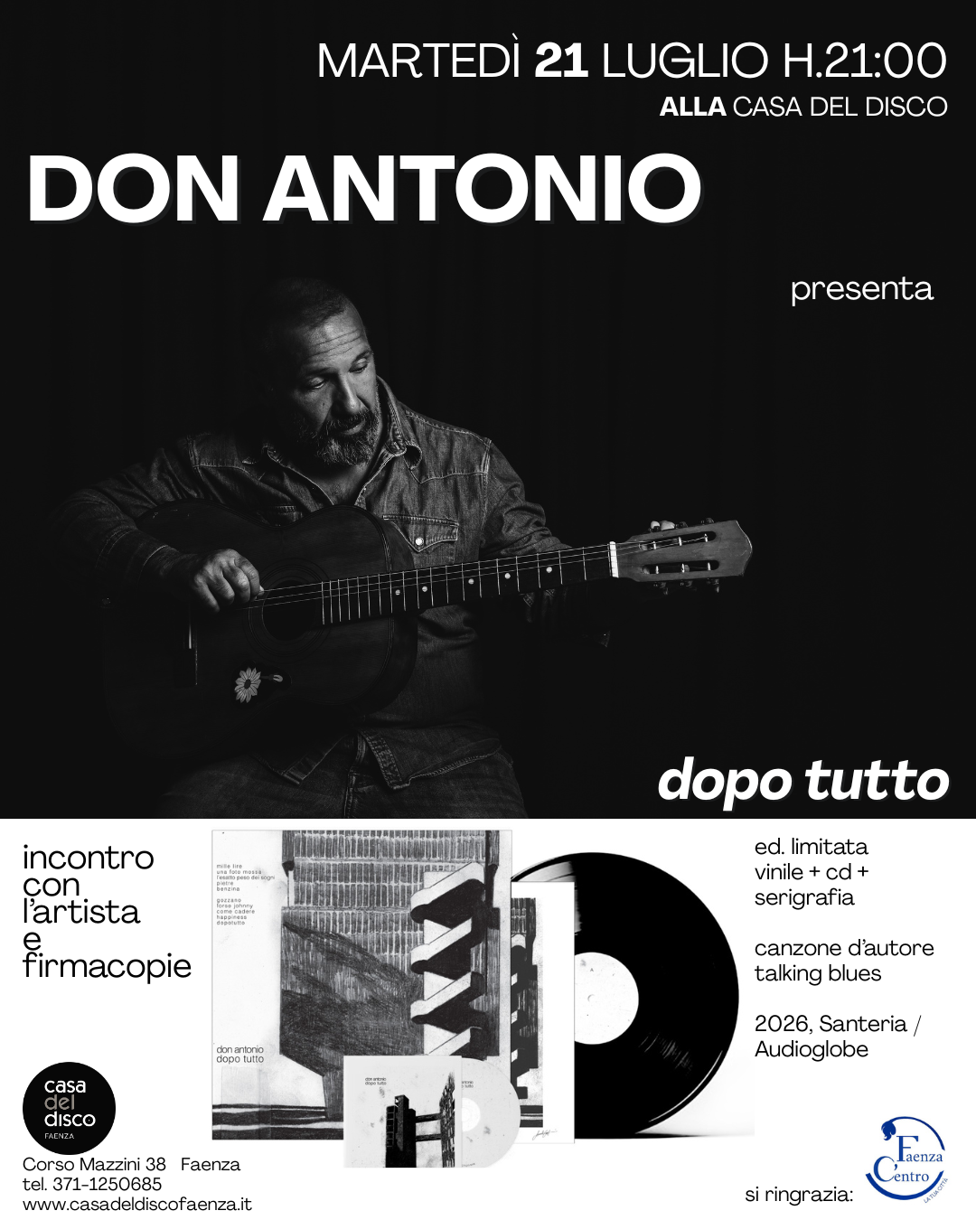 Incontro con l’artista: martedì 21.07 alle 21 Don Antonio presenta “Dopo Tutto” alla Casa del disco